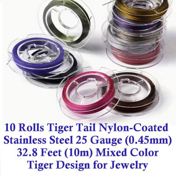 10 Rolls Tiger Tail Nylon-Coated Stainless Steel 25 Gauge (0.45mm) 32.8 Feet - Picture 1 of 3